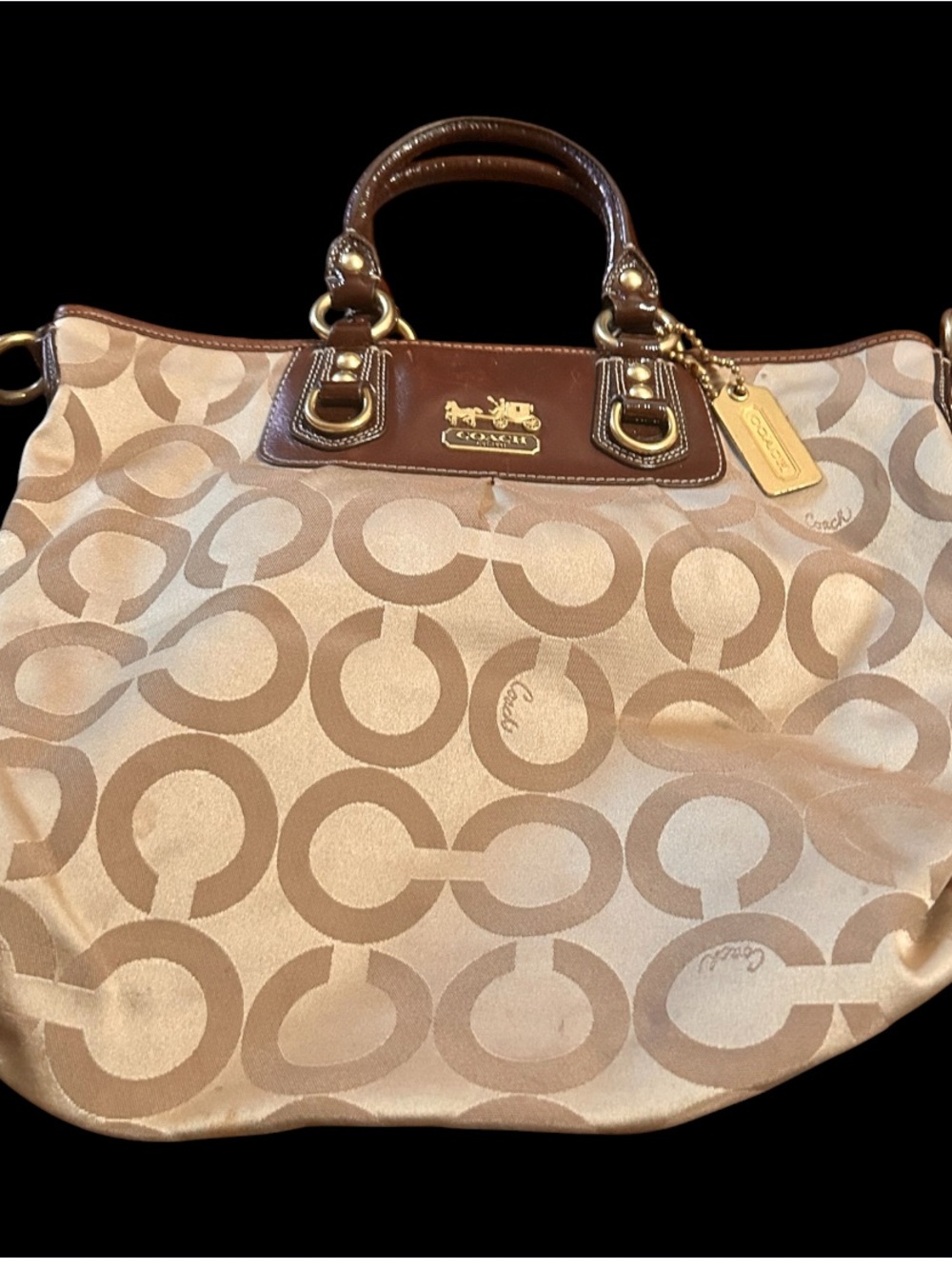 Coach H0869-12963 Madison Op Art Satchel Ivory/tan Canvas Shoulder Bag hang tag